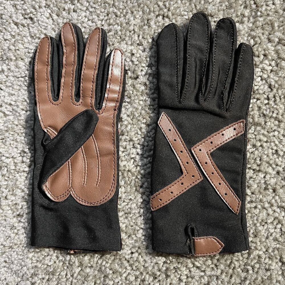 VTG Brown Faux Leather Driving Gloves Stretch Knit Retro Moto